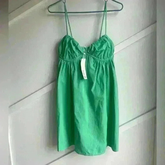 ZARA Mini Babydoll Dress Green Spaghetti Straps Cup Cotton Ruched Short Size L - Picture 8 of 13